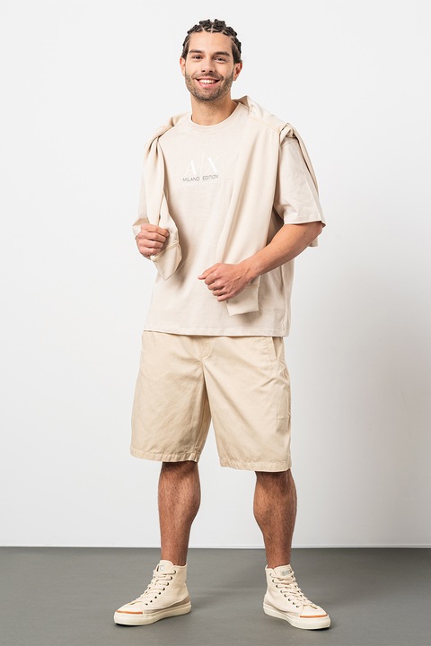 ARMANI EXCHANGE, Памучна тениска с овално деколте, Бежов