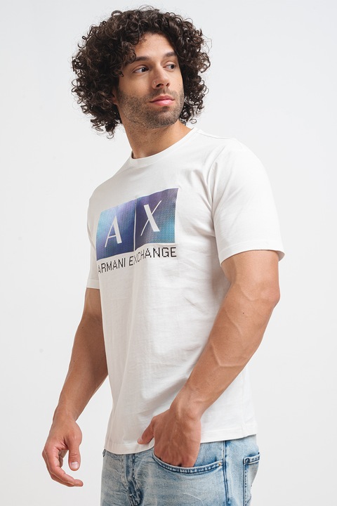 ARMANI EXCHANGE, Памучна тениска с овално деколте и лого, Бял/Виолетов/Син