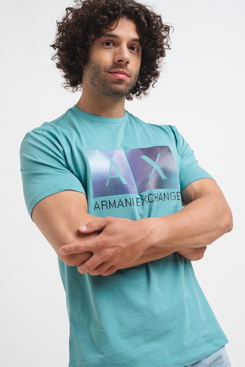 ARMANI EXCHANGE, Памучна тениска с овално деколте и лого, Виолетов/Персийско зелено