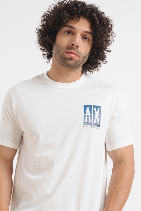 ARMANI EXCHANGE, Памучна тениска с овално деколте и лого, Бял