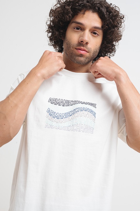 ARMANI EXCHANGE, Памучна тениска с надпис, Бял/Черен/Син