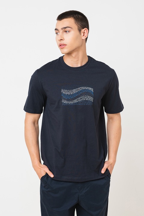 ARMANI EXCHANGE, Памучна тениска с надпис, Тъмносин