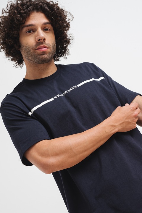 ARMANI EXCHANGE, Памучна тениска с лого, Бял/Ултрамарин синьо, XL