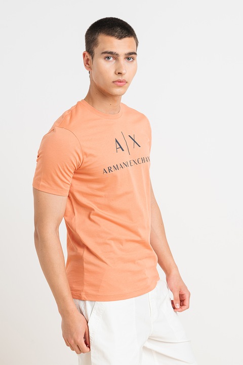 ARMANI EXCHANGE, Вталена памучна тениска с лого, Черен/Персийски портокал
