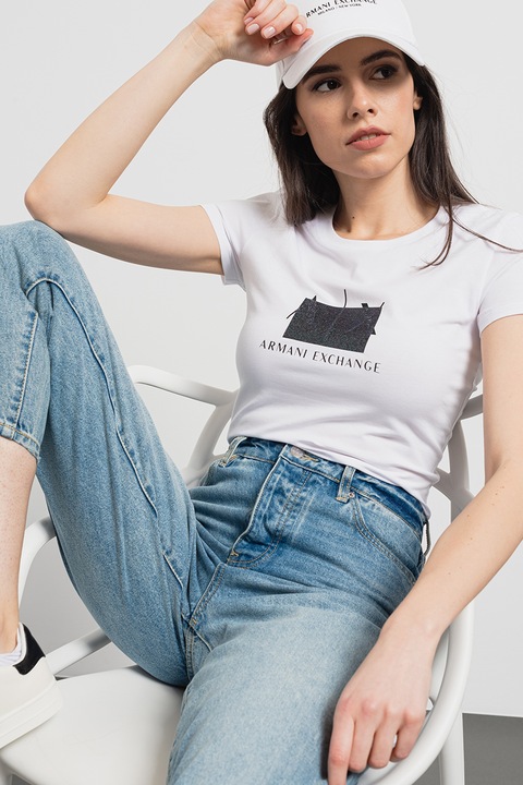ARMANI EXCHANGE, Szűk fazonú logómintás póló, Fehér/Fekete