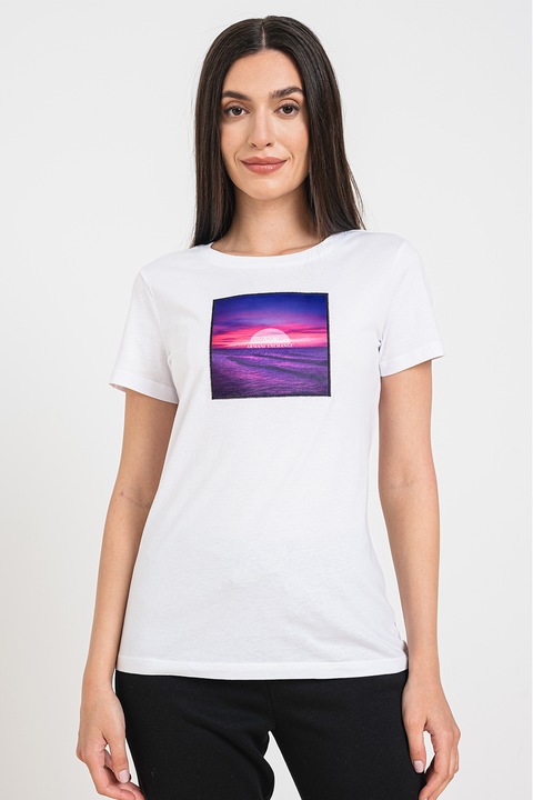 ARMANI EXCHANGE, Tricou cu decolteu la baza gatului si imprimeu foto, Alb optic, XL