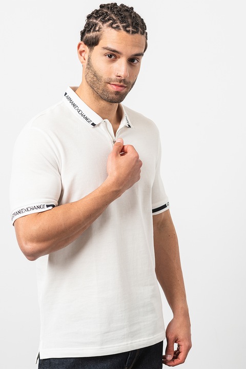 ARMANI EXCHANGE, Памучна тениска с яка и къс цип, Бял