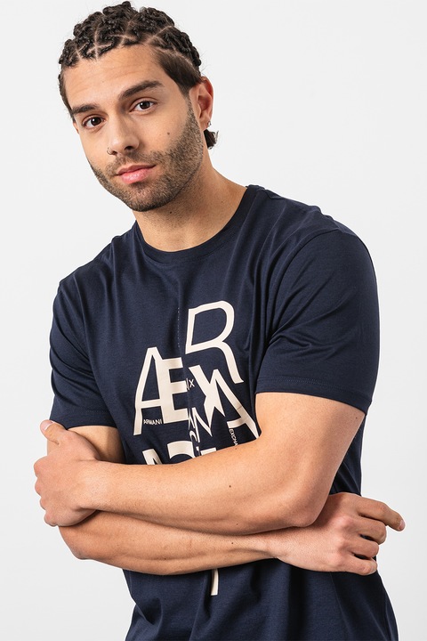 ARMANI EXCHANGE, Памучна тениска с лого, Тъмносин/Крем, S