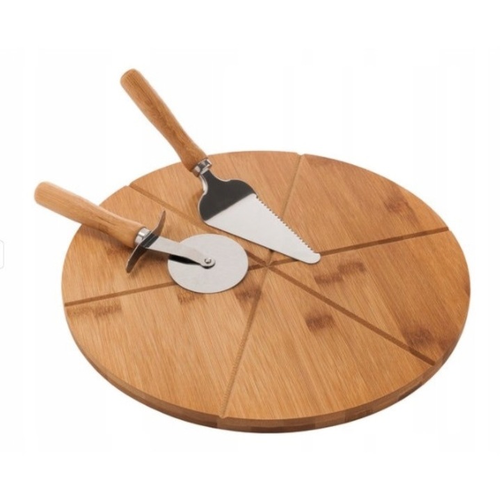 Комплект за сервиране на пица, Бамбук / Неръждаема стомана, 3 части, 33 см, Кафяв / Сребрист