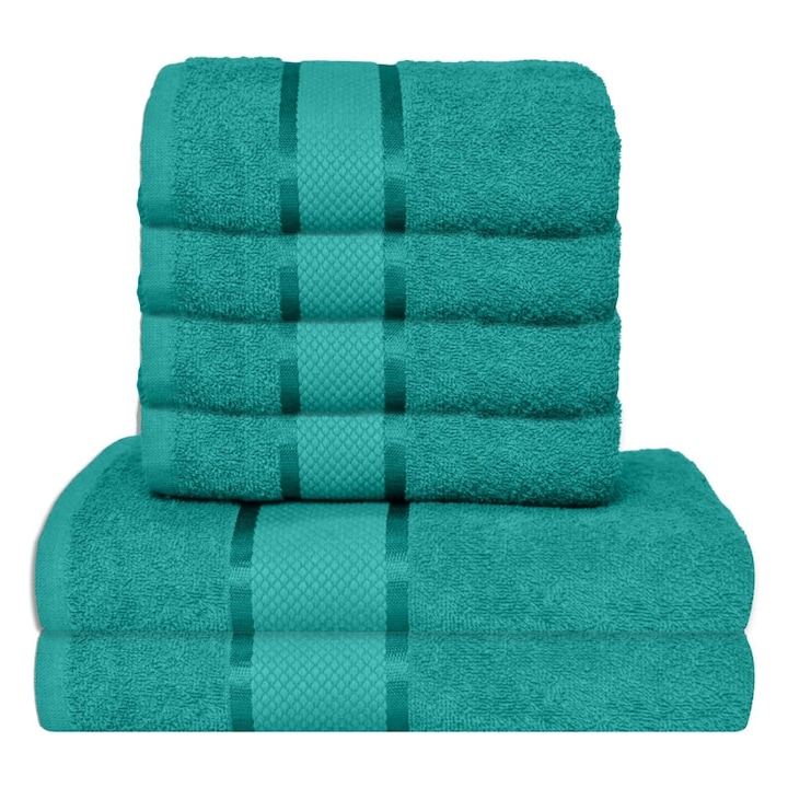 Set 6 prosoape de baie, Bumbac, Uni, 400g/m², 50x90cm/70x140cm, Verde Inchis