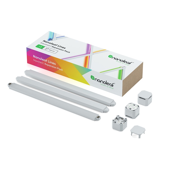 Комплект за разширение на интелигентни RGBW LED светлинни панели Nanoleaf Lines Squared Expansion, Бяла и цветна светлина (1200-6000K), 3 бр.