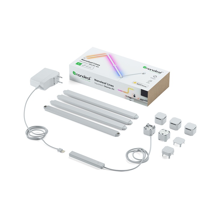 Kit panouri luminoase modulare inteligente Nanoleaf Lines Squared Starter Kit,Wi-Fi, LED RGBW, lumina alba si colorata (1200-6000K), control vocal, 4 panouri