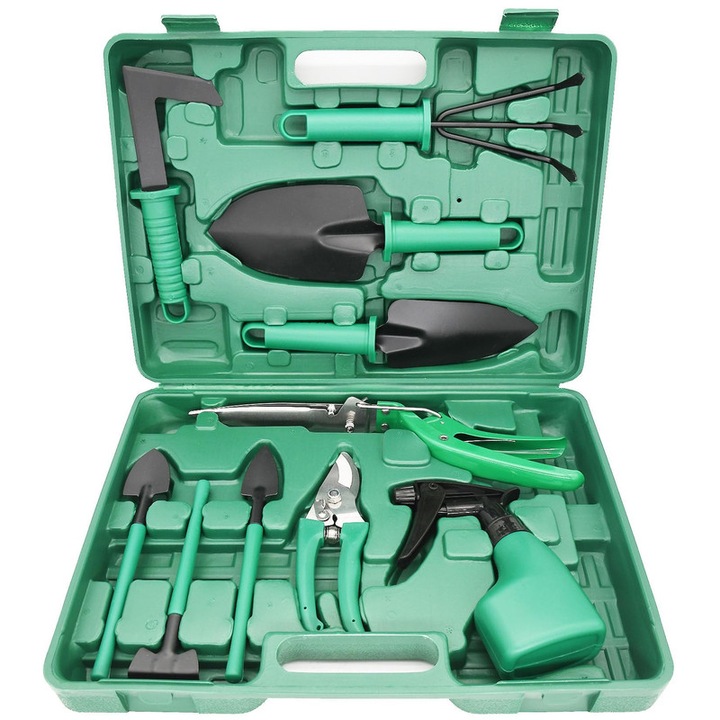 Комплект градински инструменти, 10 части, неръждаема стомана, 38×29×7CM, зелено/черно