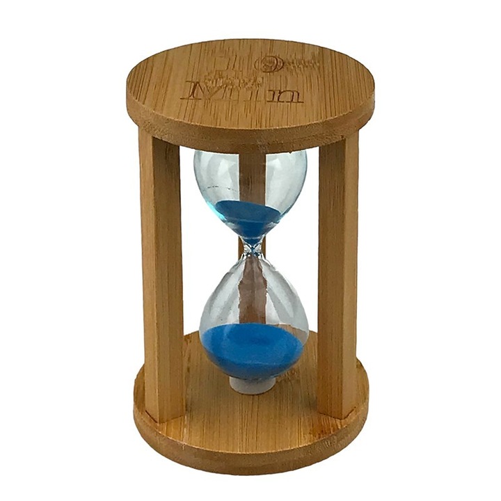 Clepsidra din lemn cu scris 10 minute, 9x14 cm, maro-albastru