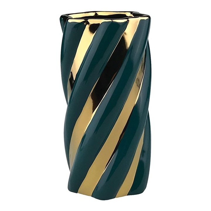 Керамична ваза с райе, 12х28 см, зелено-златисто