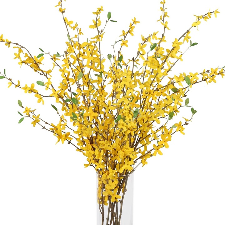 Buchet de 4 ramuri de flori artificiale de forsythia, 100 cm, ideal pentru decorul floral al casei, galben cu frunze verzi, ramuri maro, aspect natural