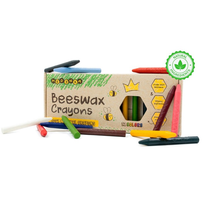 Set 12 Creioane colorate din ceara naturala de albine, CLASIC, Medenka, MULTICOLOR, 3 ani+