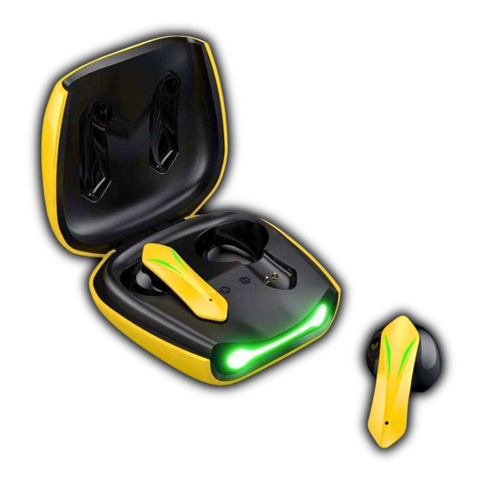 Безжични слушалки D&K Audio, безжични, Bluetooth 5.2, HD микрофон, сензорно управление, околни светлини, водоустойчиви, магнитна кутия, жълто/черно