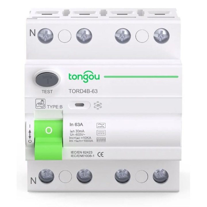 Intrerupator de curent rezidual sensibil AC/DC, 4 poli, 10kA 25 A, 30mA tip B, statii incarcare auto, RCCB, certificare DIN EN 61008-1, 400v