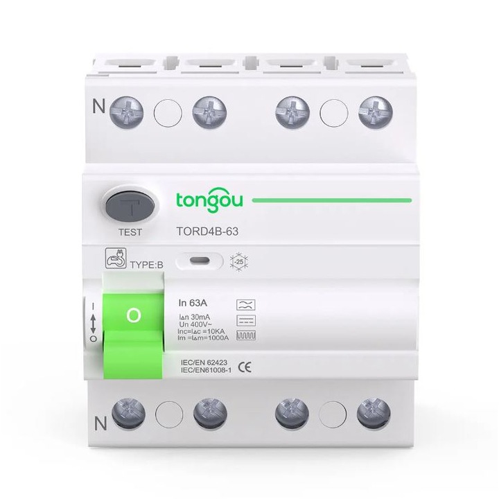 Прекъсвач за остатъчен ток, AC/DC чувствителен, 4 полюса, 10kA 25 A, 30mA тип B, зарядни станции за автомобили, RCCB, сертификат DIN EN 61008-1, 400v