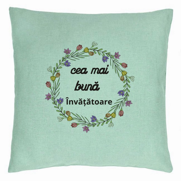 Dekoratív párna szöveggel tanárnőnek 1, 40x40 cm, mentazöld, levehető huzat, fújtató