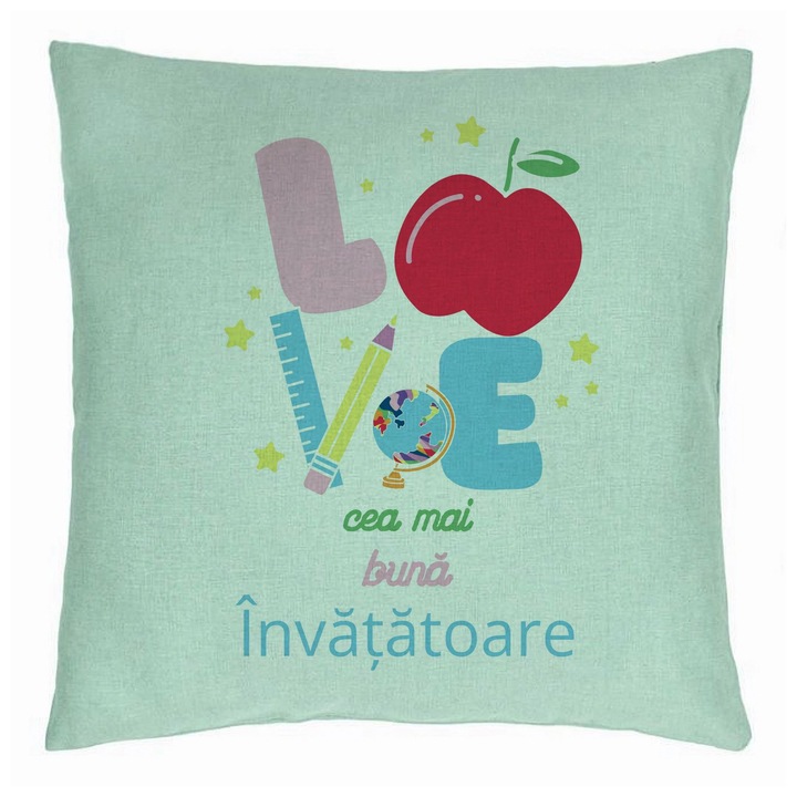 Dekoratív párna szöveggel tanárnőnek 2, 40x40 cm, mentazöld, levehető huzat, fújtató