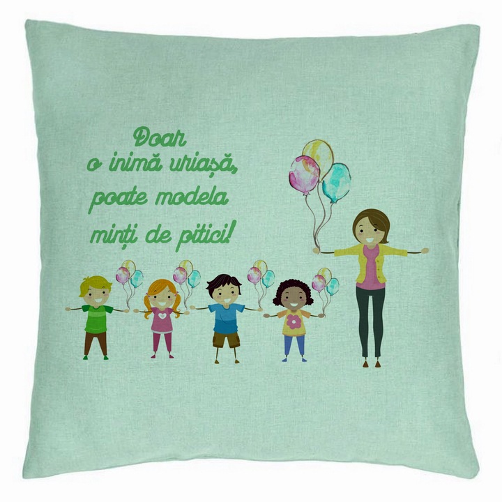 Perna Decorativa cu Mesaj pentru Educatoare, 40x40 cm, Verde Menta, Husa Detasabila, Burduf