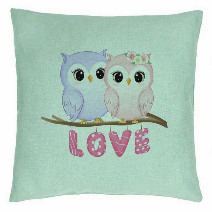 Love dekoratív párna - Valentin napi modell 1, 40x40 cm, mentazöld, levehető huzat, fújtató
