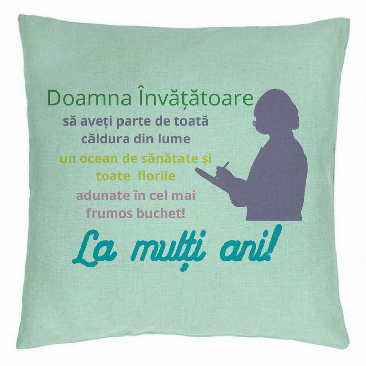 Dekoratív párna üzenettel egy tanárnak - Boldog születésnapot, 40x40 cm, mentazöld, levehető huzat, fújtató