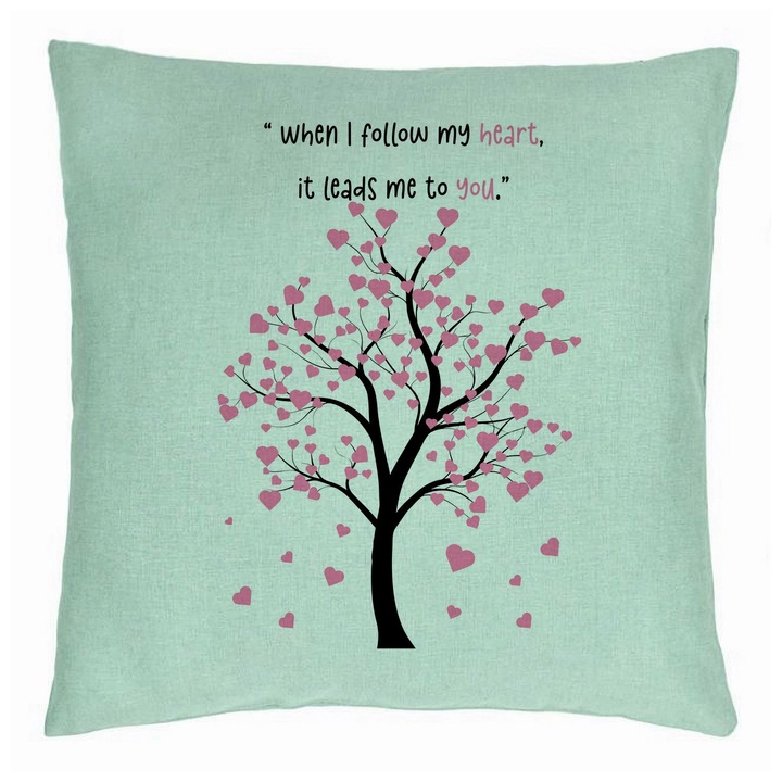 Dekoratív párna üzenettel - Modell Valentin-nap 2, 40x40 cm, mentazöld, levehető huzat, fújtató