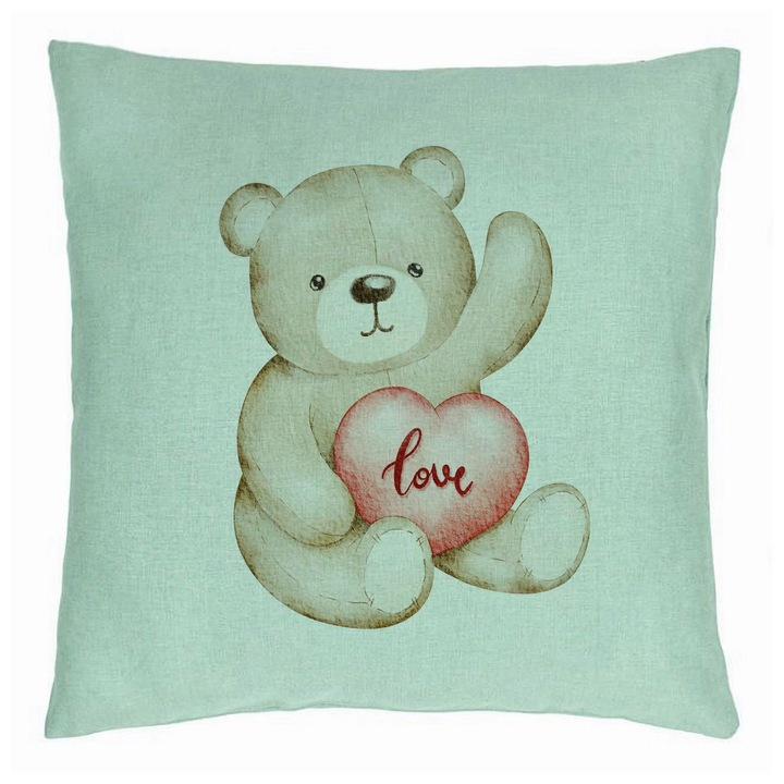 Dekoratív párnamackó szívvel, Valentin napi mintával, 40x40 cm, mentazöld, levehető huzat, fújtató