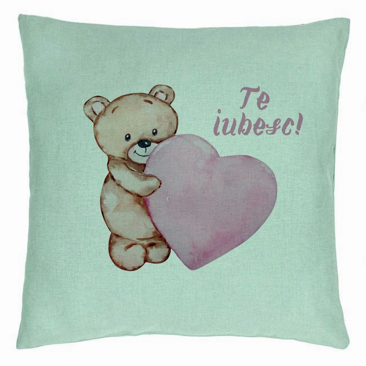 Dekoratív párnamackó szívvel - Szeretlek, Valentin napi modell, 40x40 cm, mentazöld, levehető huzat, fújtató