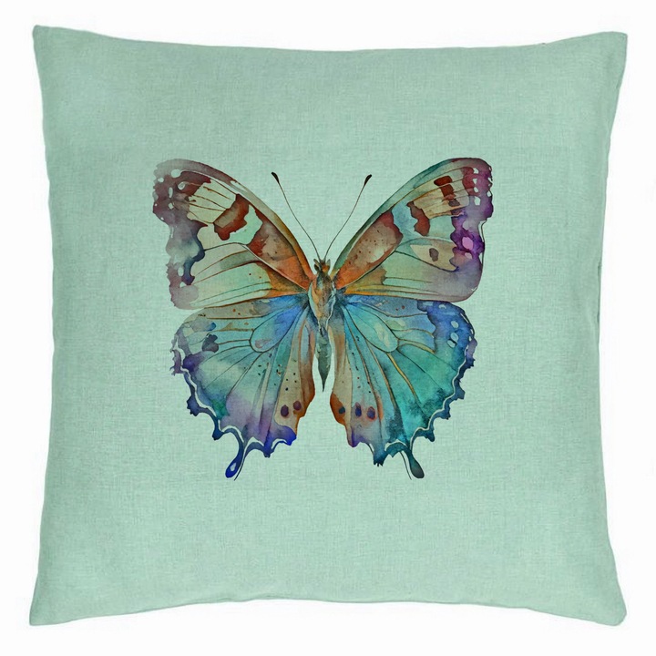 Többszínű pillangós dekorpárna, 40x40 cm, mentazöld, levehető huzat, fújtató
