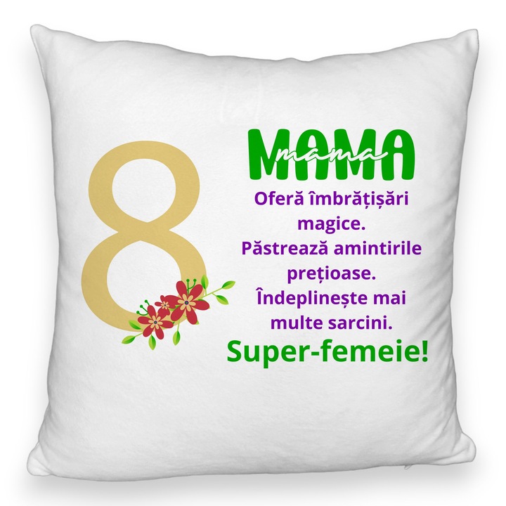 Díszpárna Üzenettel Anyának - március 8., 40x40 cm, Bolyhos, Levehető huzat, Fújtató