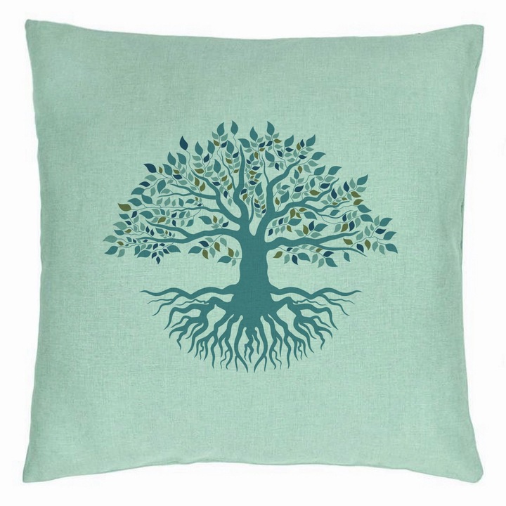 Életfa díszpárna, 40x40 cm, mentazöld, levehető huzat, fújtató
