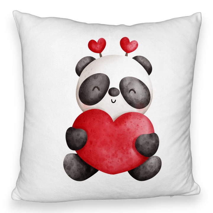 Dekoratív párna Panda maci szívvel, Valentin napi modell, 40x40 cm, pihe, levehető huzat, fújtató