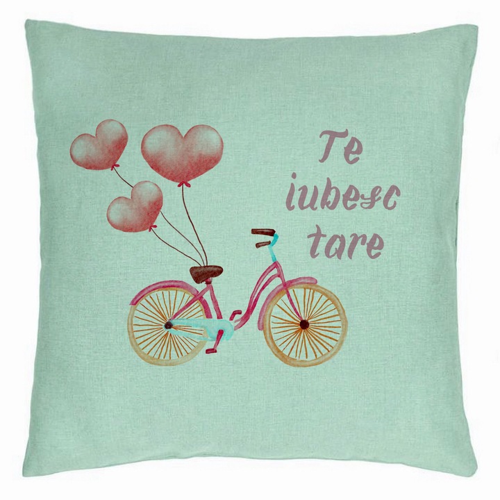 Dekoratív párna I Love You, Valentin napi modell, 40x40 cm, mentazöld, levehető huzat, fújtató