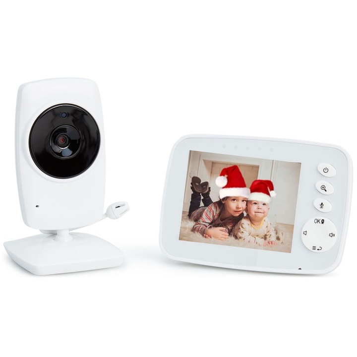 Sistem de Monitorizare Video si Audio Baby VideoCAM ideal STORE, Ecran 3.2 inch, Melodii de Leagan, Termometru, Night Vision, Rotire, Raza de actiune 150 m, Wireless