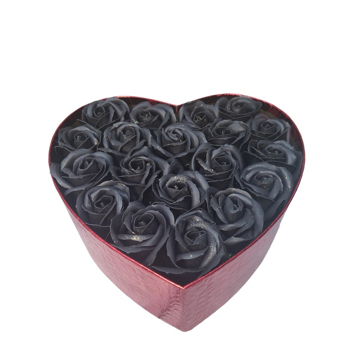 Midnight Glam 23 Trandafiri sapun Pudrati de Lux: Negri cu Praf Auriu - Cutie Rosie Piele