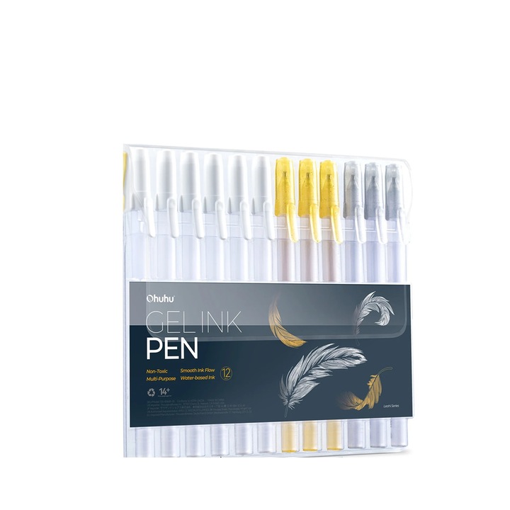 Комплект от 12 гел химикалки Ohuhu, нетоксични, на водна основа, бяло, сребърно, златно, метално мастило