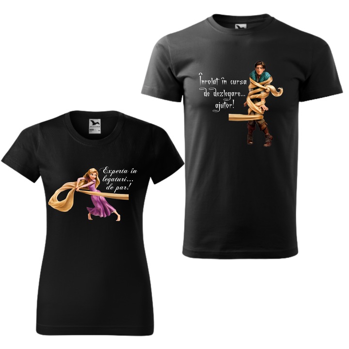 Set 2 tricouri cuplu, Personalizate Rapunzel, 100% Bumbac, Negre, XS-3XL