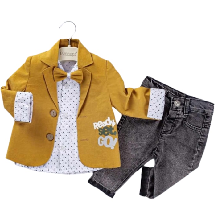 Комплект дънки, риза и папийонка, centimeteridwqfxzg, Бял/Синапено жълто/други, 74-80 CM