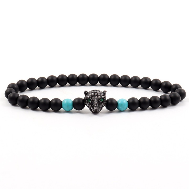 Bratara Panthera, Margele, Barbati, Elastica, Cap de Leopard, Turcoaz si Negru