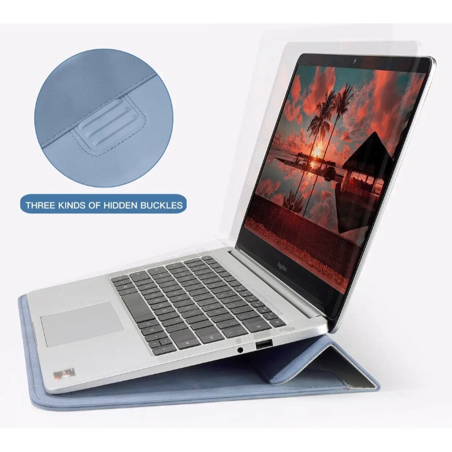 Mapa tip plic, Taikesen, reglaj ergonomic, compatibila Apple Macbook Pro (M3) 14 inch, Apple Macbook Pro (M2) 13.3 inch si Apple Macbook Air (M2) 13.6 inch, piele ecologica, albastru ciel