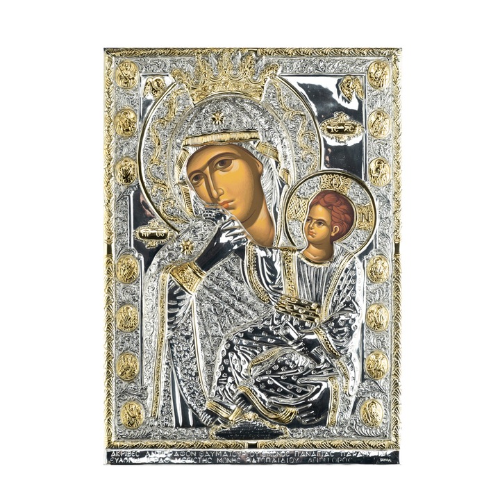 Icoana Ortodoxa, Holy Great Monastery of Vatopedi Mount Athos, Fecioara Maria, Serigrafie, Placata cu Argint, 30x21cm