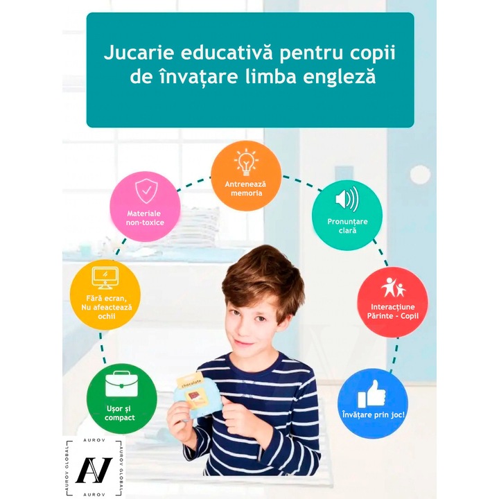 Jucarie educativa Montessori pentru copii, Aurov®, Set masina de invatare cuvinte in limba engleza cu cititor de carduri flash, 224 de cuvinte 112 carduri, incarcare MicroUSB, 2 ani+, Albastru