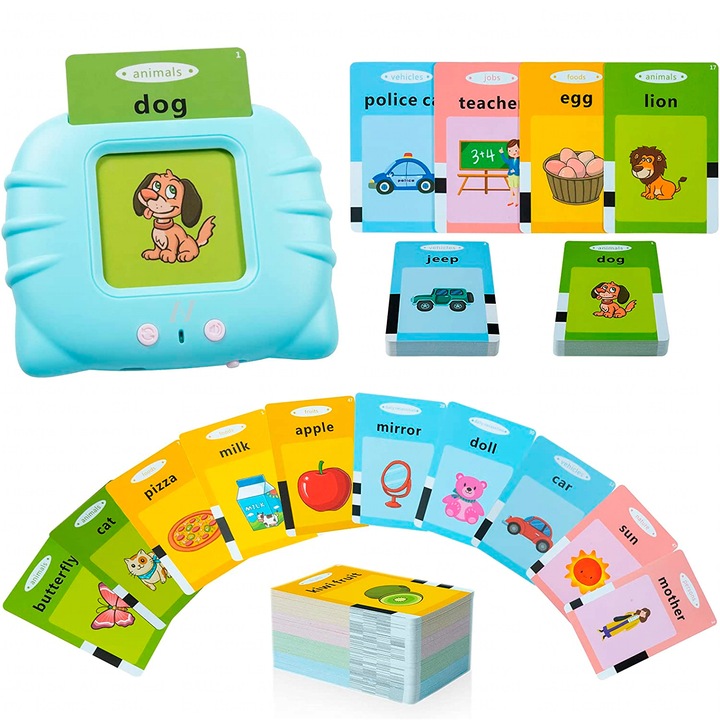 Jucarie educativa Montessori pentru copii, Aurov®, Set masina de invatare cuvinte in limba engleza cu cititor de carduri flash, 224 de cuvinte 112 carduri, incarcare MicroUSB, 2 ani+, Albastru
