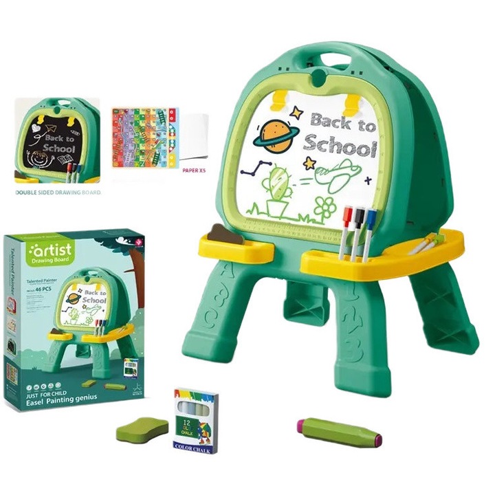 Tabla de desenat pliabila cu doua fete si 2 jocuri de societate incluse WePro Store, partea magnetica pentru accesorii si cea neagra pentru scris cu creta, 46 piese, markere, Verde, 3 ani +