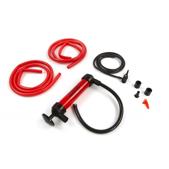 Set pompa manuala pentru transfer lichide, vacuum, umflat, cu 7 accesorii, din plastic si cauciuc, rosu/negru