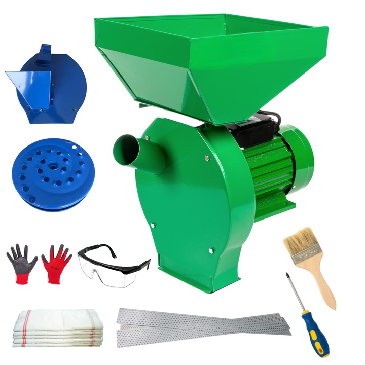 Moara 3 in 1 pentru fructe, legume si uruiala, putere 3.9KW, 350kg/h, 100% cupru, cuva mare, 4 saci, manusi, ochelari de protectie, surubelnita si perie incluse - COBI SMART®